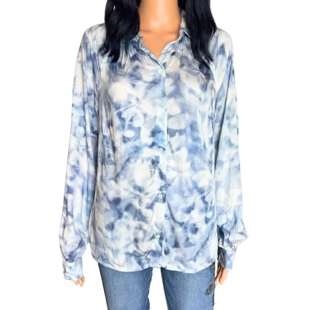 NWT Bella Dahl Blue Indigo Petal Print Button Down Shirt Small Ecovera Viscose